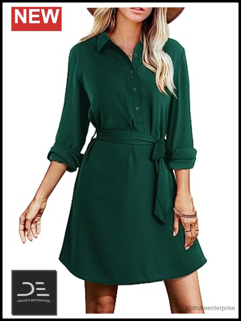 Chiffon Shirt Dress Long Sleeve Button Up Work Dress with Pockets